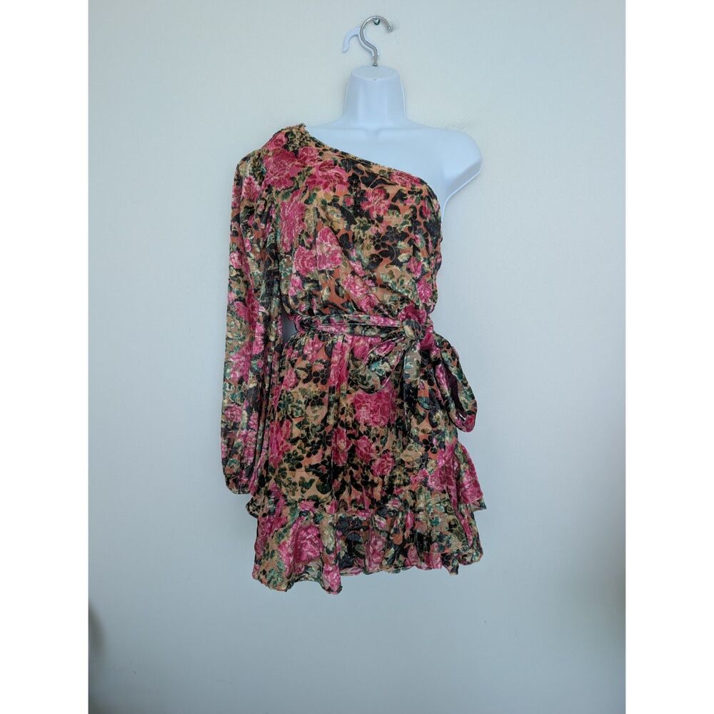 Hemant & Nandita Pakhi One Shoulder Mini Dress Floral Ruffle Hem Sz S $461 - Picture 3 of 16